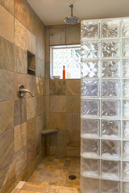 Spa bathroom shower area with slate tile and glass block walls reno | Avon, OH | North Star Premier Custom Homes